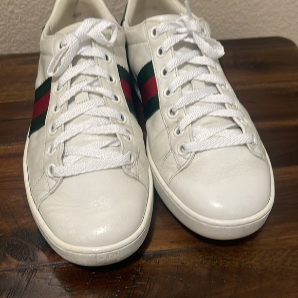 Gucci Ace Sneakers Authentic White Leather Monogram Green Web Sz 35.5 / 5.5 USA - Picture 5 of 17